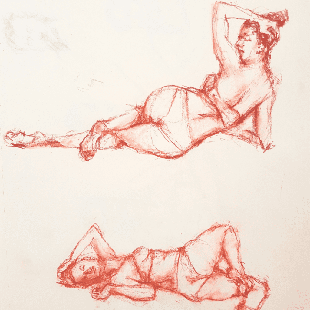 Drawing of woman, laying on floor