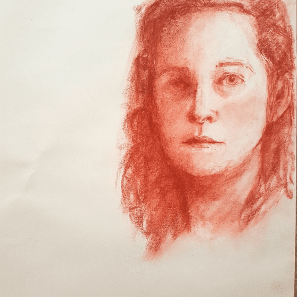 Light and shadow portrait drawing of woman, in conte